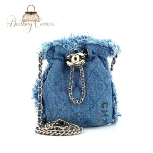 Chanel Denim Mood Chain Bucket Bag Logo Printed Quilted Fringe Denim Mini